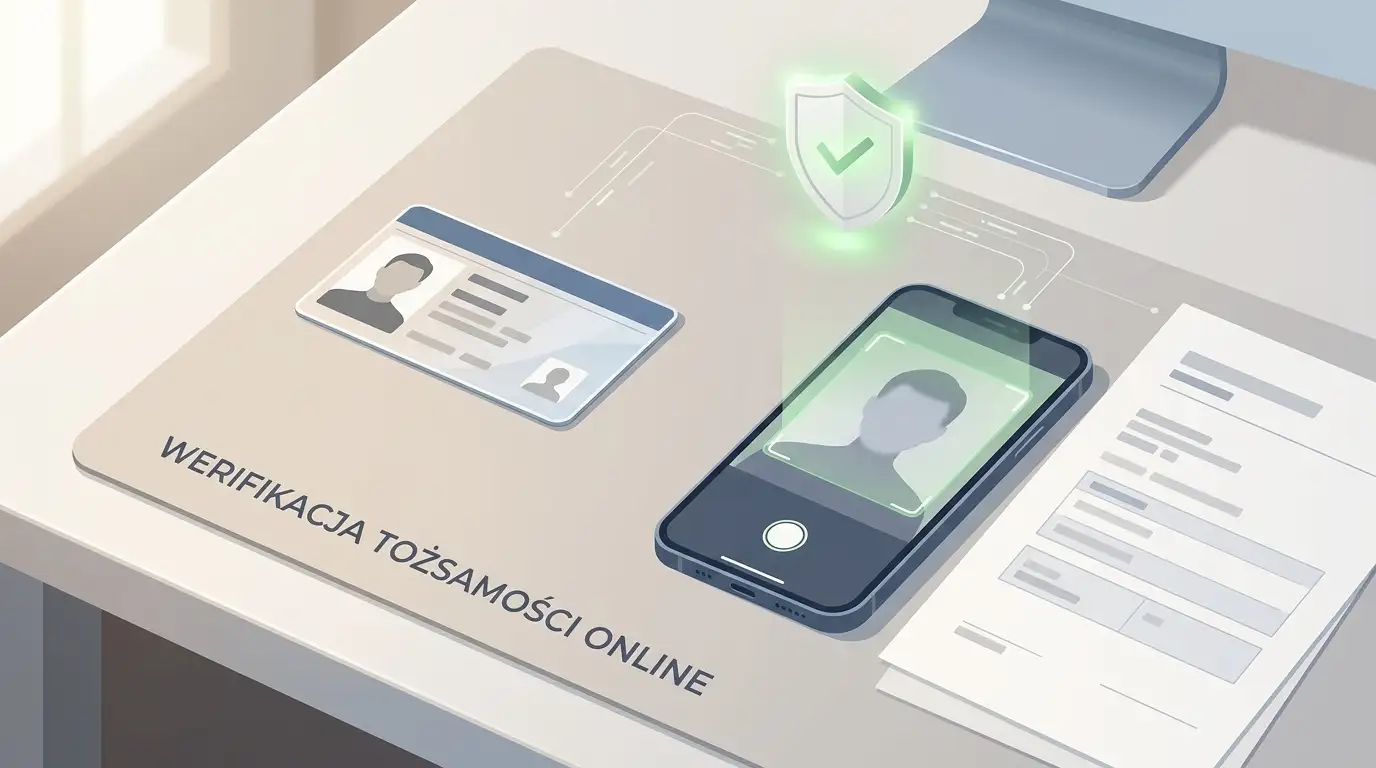 Neutralna ilustracja procesu KYC z dokumentem tożsamości, potwierdzeniem adresu i symbolem bezpiecznej weryfikacji bez danych osobowych