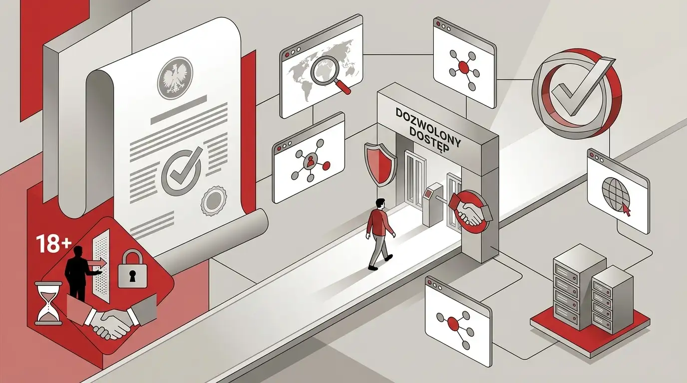 Ilustracja polskiego systemu regulacji kasyn online z symbolem przepisów, rejestru domen i weryfikacji wieku
